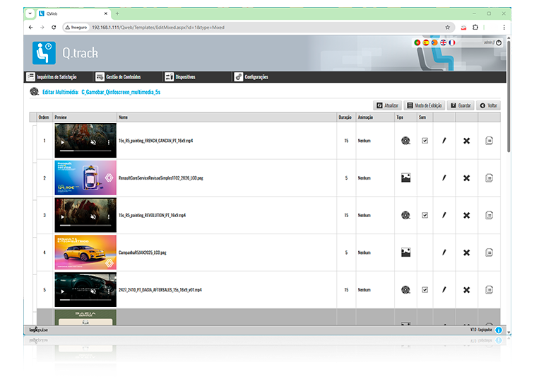 QWeb — Gestão de conteúdos: edição de multimédia com vídeos e imagens, duração e ordem de exibição.