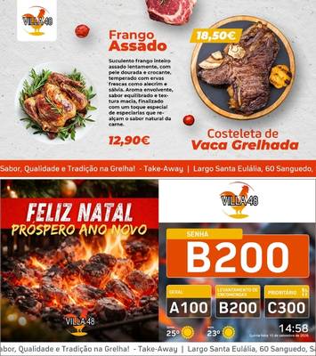 Exemplo de ecrã de TV corporativa: ementa de churrasqueira, take-away, senhas e promoções.