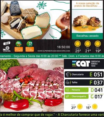 Interface de senhas e informação para charcutaria, talho, peixaria e churrasqueira em retalho alimentar.