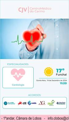 Exemplo de TV corporativa para clínicas e centros médicos: especialidades, parceiros e contactos.