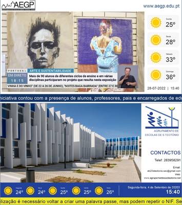 Ecrã de TV corporativa para escolas e agrupamentos: meteorologia, notícias e comunicação institucional.