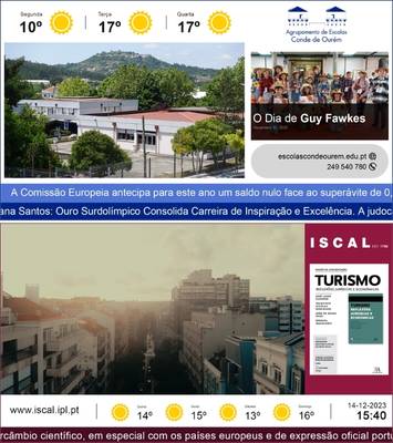 Layout de digital signage para instituições de ensino: conteúdos multimédia, contactos e serviços.