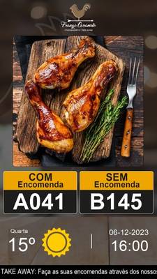 Interface de restaurante e take-away: menu, senhas de atendimento e informação em tempo real.