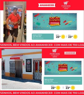 Exemplo de retalho alimentar: destaques de produto, filas de senhas e comunicação na loja.